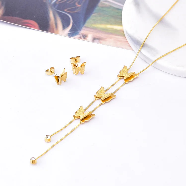 New Charm Pendant Tassel Luxury Jewelry Elegant Stainless Steel Three-dimensional Frosted Butterfly Necklace Earrings Sets