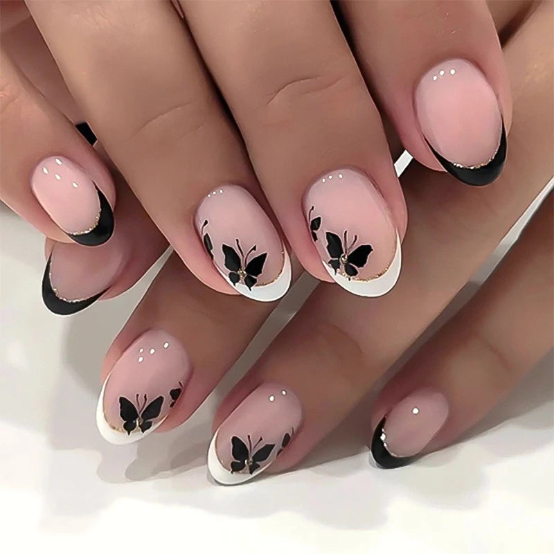 24 Pcs 3759 Elegant Nude and Black Nail Tips with Butterfly Accents Short Round Press on Nails Artificial Fingernails