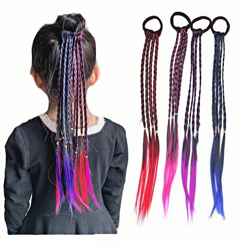 Wholesale Elastic Rubber Band With 15inch 4 Strand Braid Wigs Synthetic Twist Cute Girls Kids Ponytail Braids