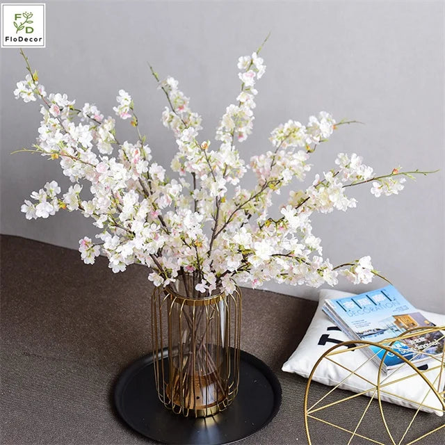 Factory Hot Selling Wholesale Artificial Silk Light Pink White Cherry Blossom Flower Wedding False Flowers Branches