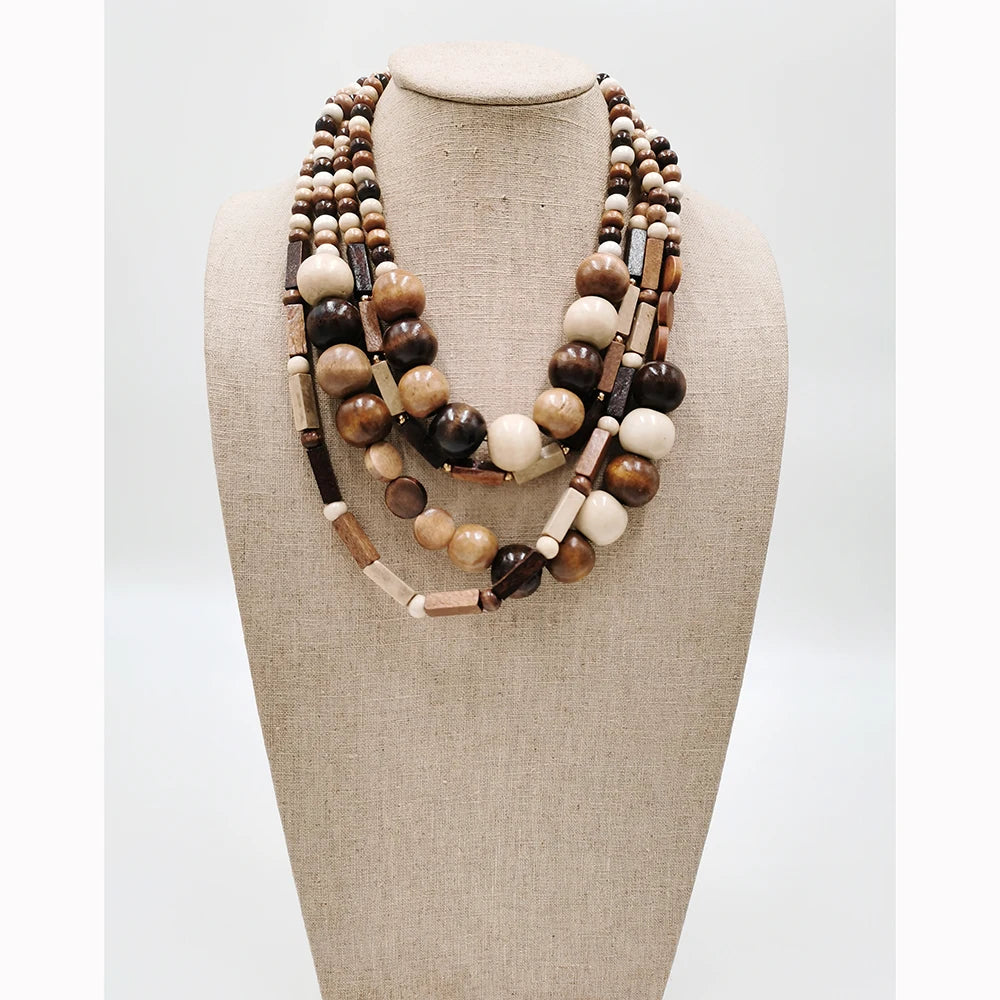 Vintage Brown Wood Necklaces Neutral Tribal Jewelry Beads 4 Strands Large Round Smooth Rhodium Plated Short Necklace Retro Style