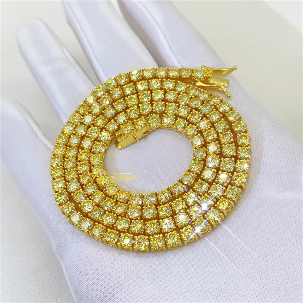 New Arrivals Hip Hop Jewelry 925 Silver Gra Certified 3mm Tennis Chain Yellow Gold Moissanite Tennis Necklace
