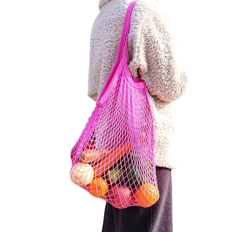 Black Woven Reusable Cotton Net Mesh Storage Bag