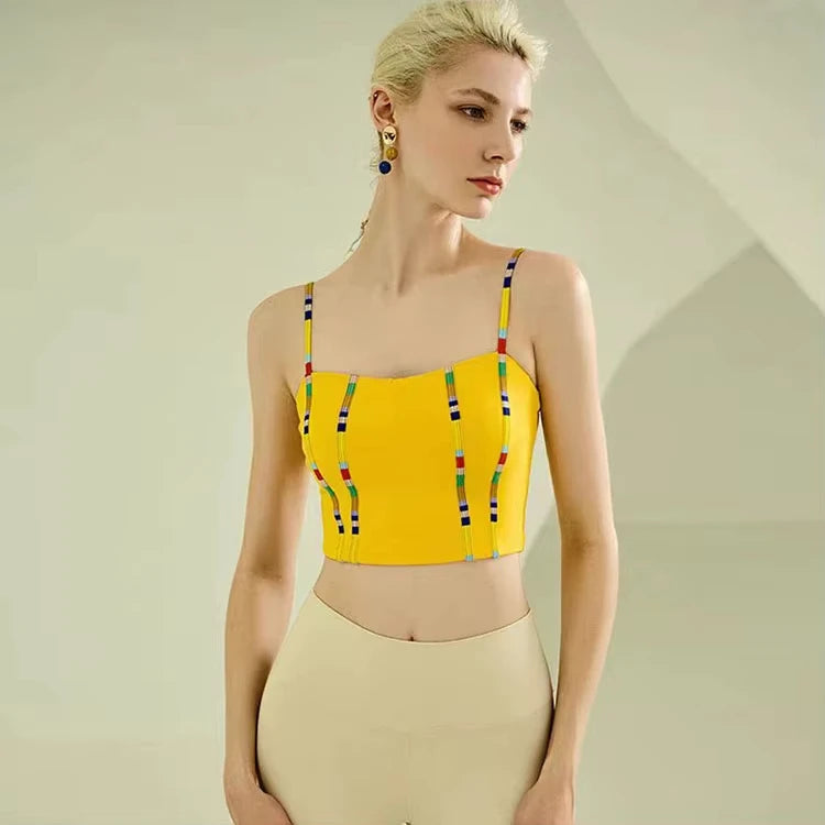 Colorful Thread Stitching Visually Slimming Nude Feeling Fashionable Gathered Sports Bra with Chest Pads
