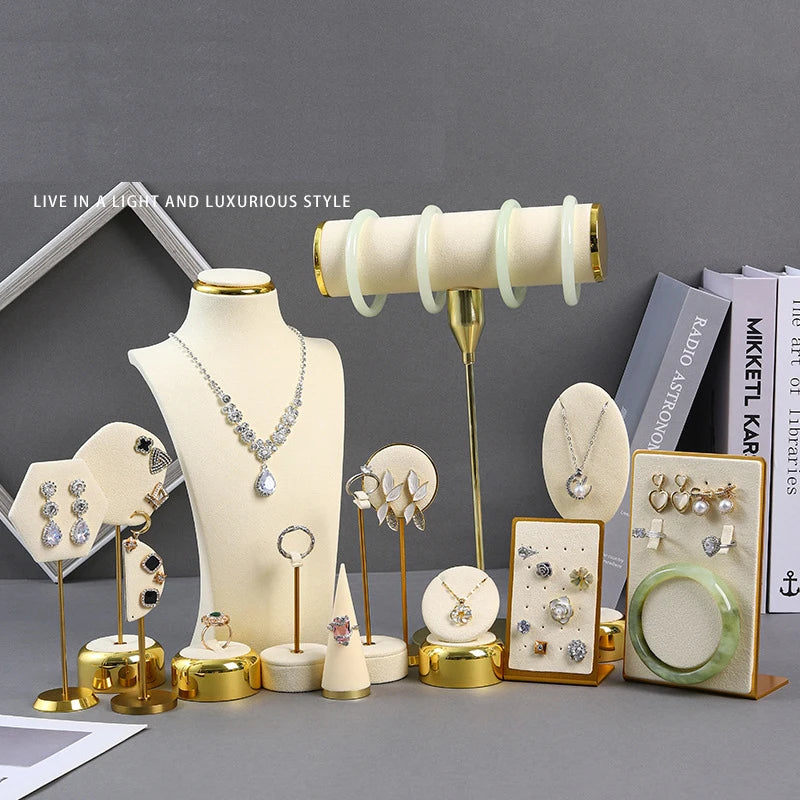 Wholesale  Metal Beige Microfiber Ring Earring Necklace Bangle Jewelry Organizer Display Stand Bust Packaging showcase Luxury