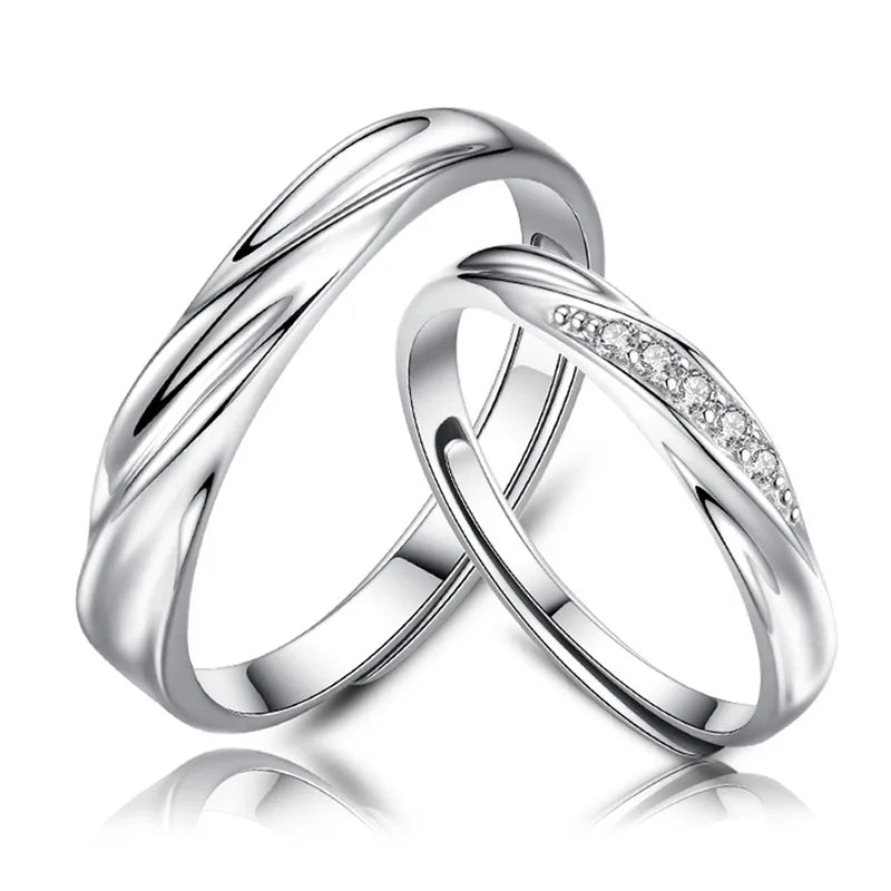 Adjustable 925 Silver Couple Ring for Wedding Engagement Jewelry Zircon Crystal Rings for Women Men