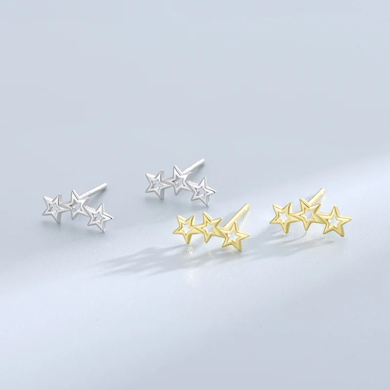 Simple Style 925 Sterling Silver Hollow Star Stud Earring Dainty Gold Plated Three Star Earring for Women Everyday