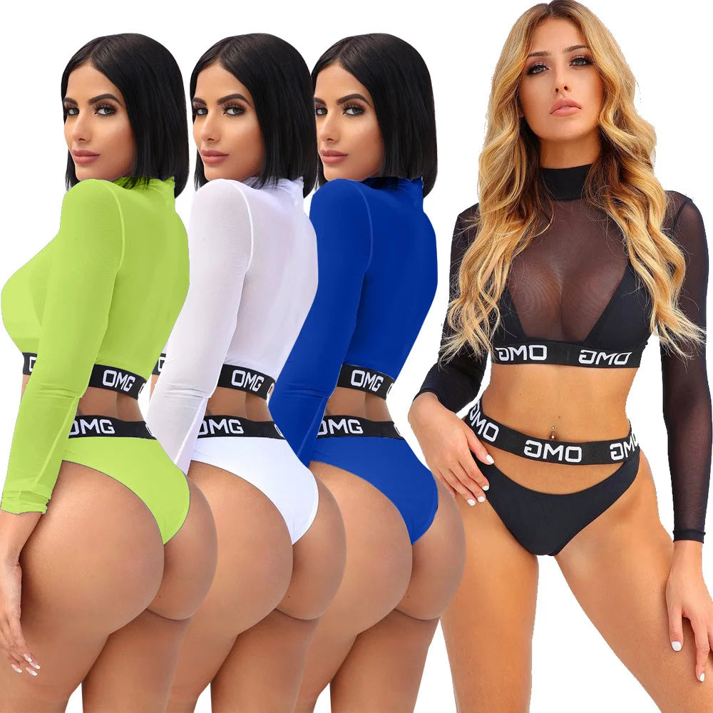 2022 New Arrival High Waist Brazilian Bikini Sexy See Through High Elastic Plus Size Swimsuit Fitness Mesh 3 Piece Set Swimwear