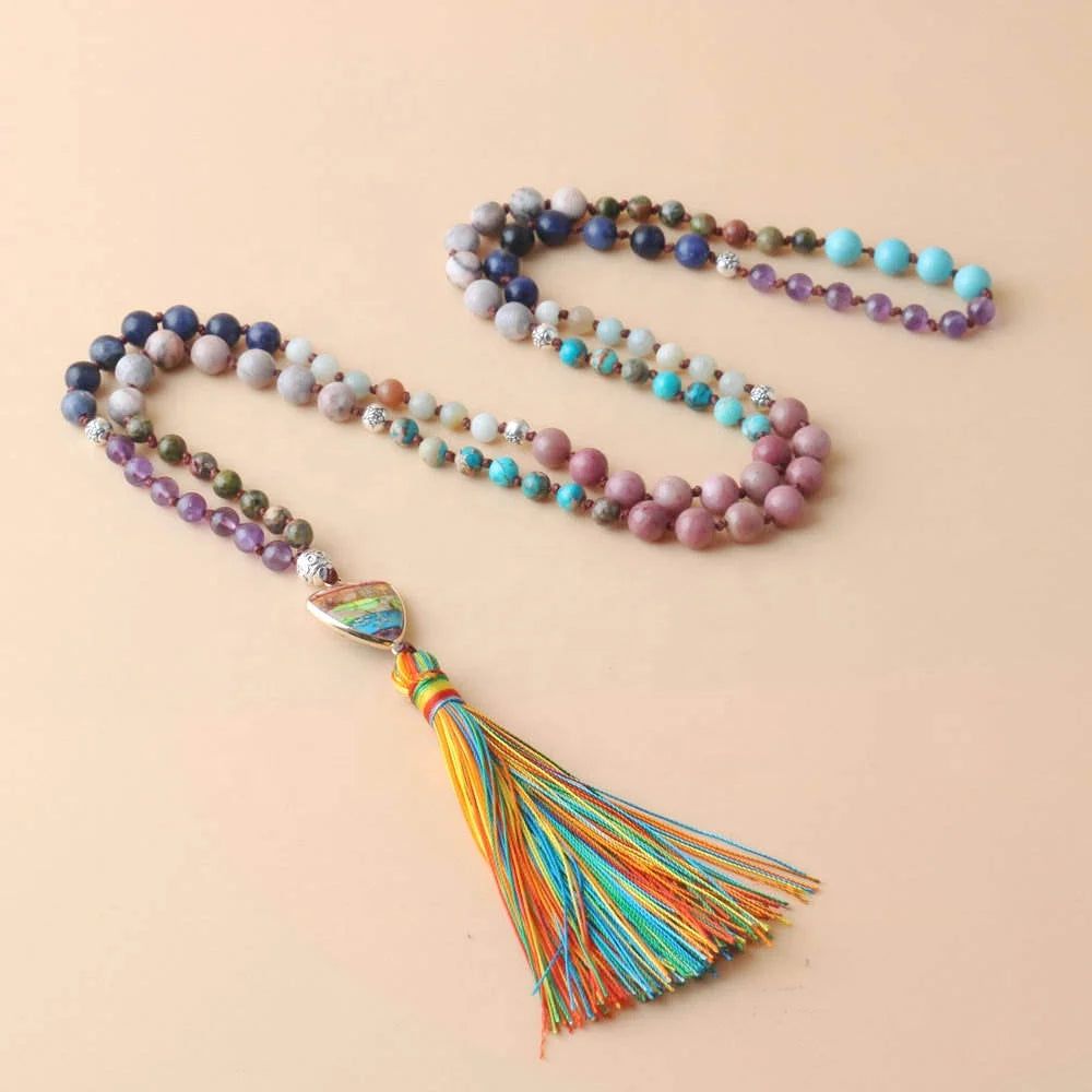 Bohemian Mala Necklaces for Wedding Gift Semi-Precious Gemstone 108 Hand Knotted Beaded Tassel Pendant Chakra Rosary Necklace