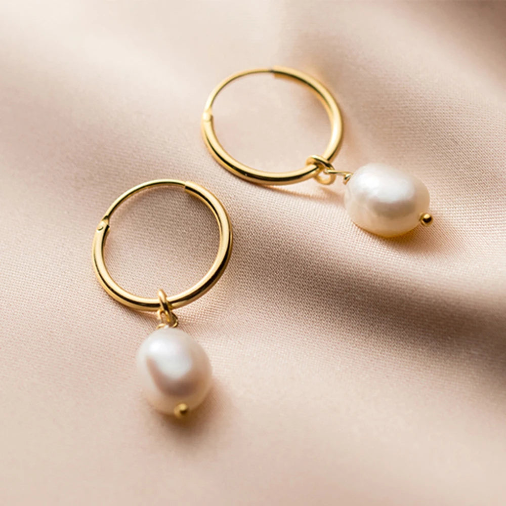 JS006 Minimalist 925 Sterling Silver Bridesmaid Natural Pearl Hoop Fashion Jewelry Earrings