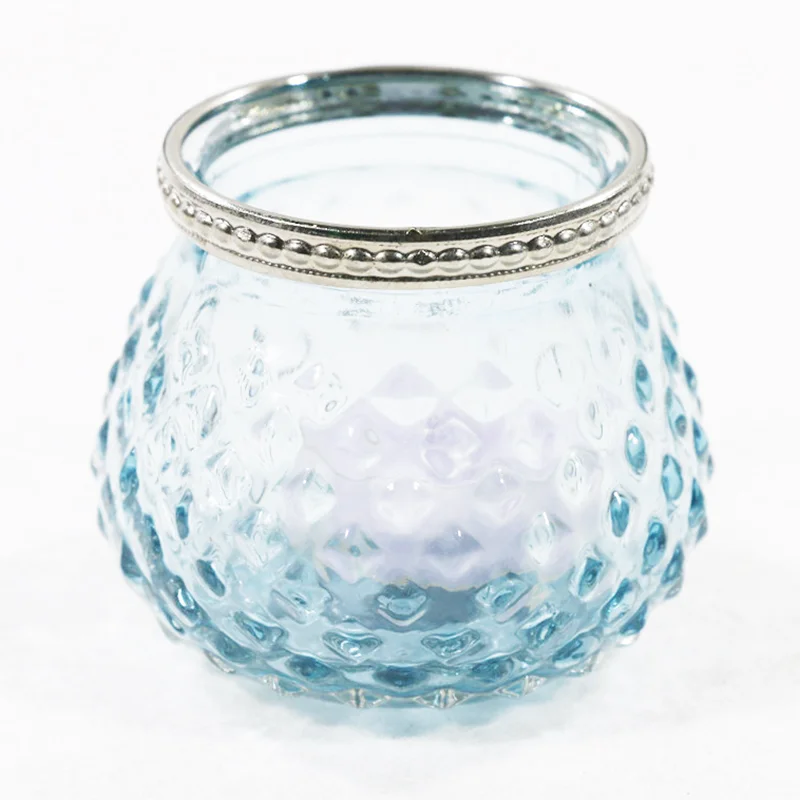 hobnail style glass candle holder with embossed metal rings perfect wedding centerpiece
