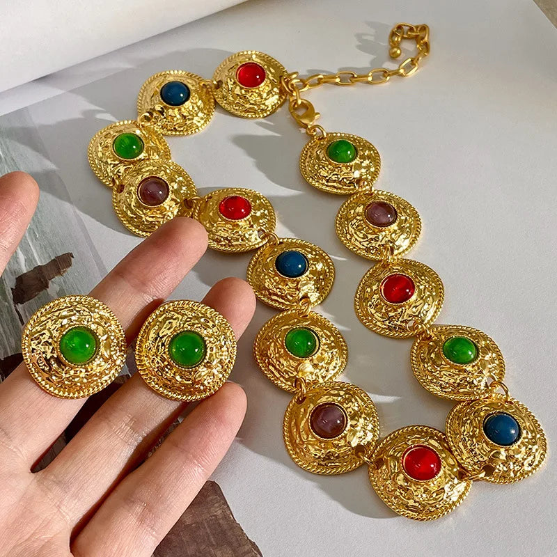 2026 New Arrival Fashion Jewelry Vintage Handmade Hammer Pattern Round Necklace Set Colorful Sweater Chain Round Earrings Gold