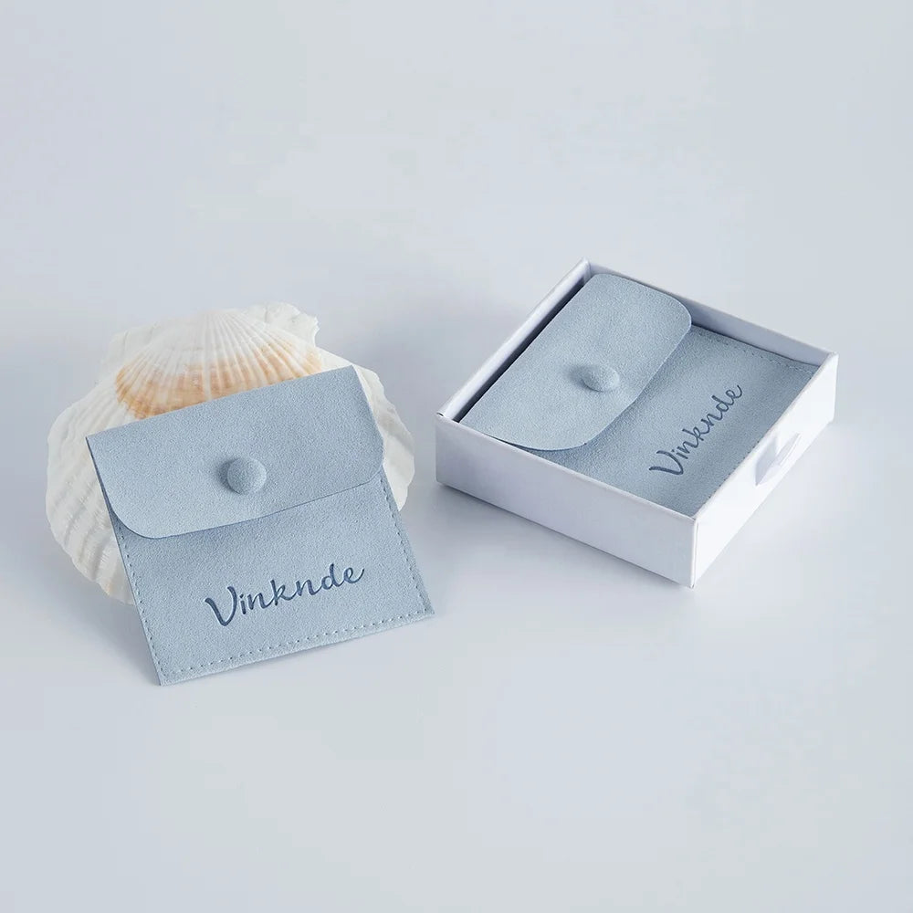 Luxury Blue Mini Envelope Jewelry Bag Custom Printed Logo Microfiber Material with Snap Button Closure Premium Jewelry Container