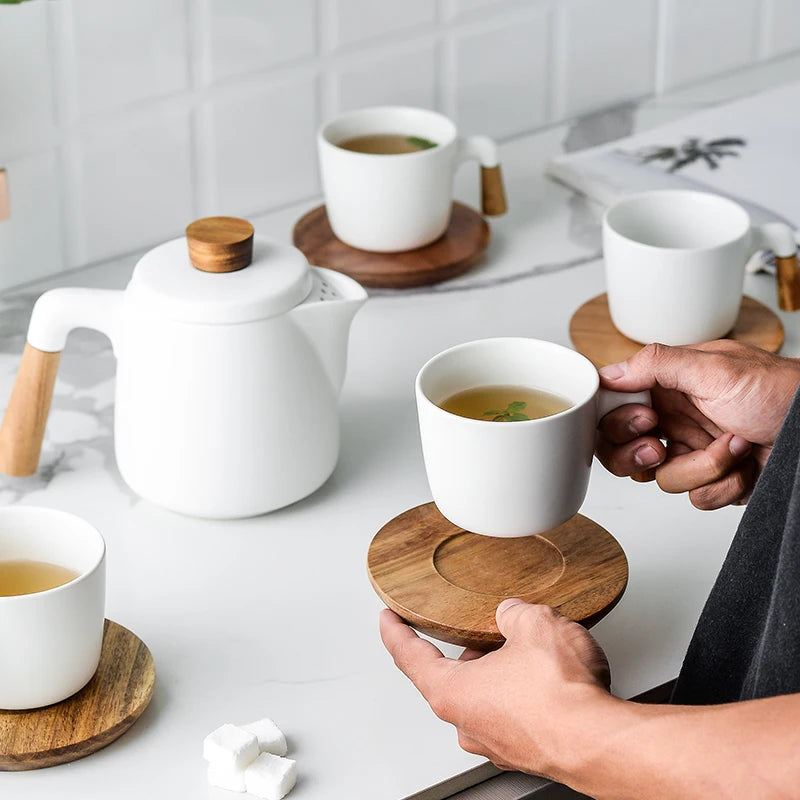 Eco-Friendly Porcelain Ceramic Teapot Set Wooden Handle Lid Large Capacity Nordic Tea Gifts New Design Customizable Drinkware