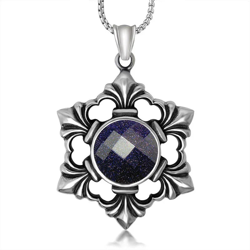 Bling Glitter Stainless Steel Men Hexagon Charm Blue Sand Hexagram Blue Slate Natural Stone Necklace