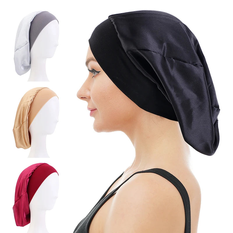 Ready to Ship Fashion Custom Logo Women Satin Long Bonnets Black Inspired Bonnets