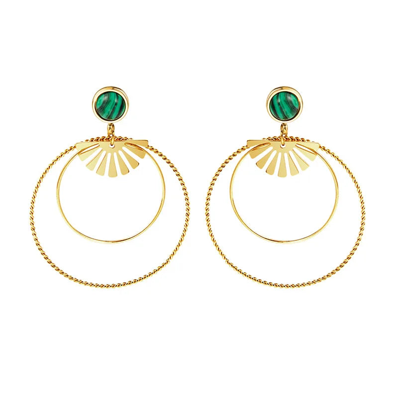 HOVANCI Boho Green Leaf Double Round Circle Earring 02 Gold Plated Stainless Steel Hoop Earring