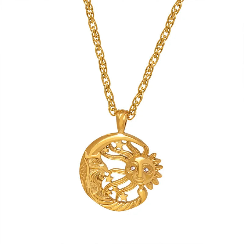 2023 New Design Vintage 18k Gold Plated Sun and Moon Pendant Necklace for Birthday Gift