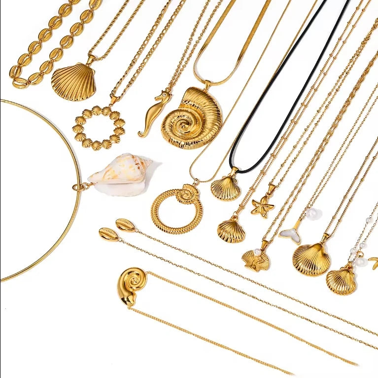 Fashion Jewelry Ocean Series 18K Gold Plated Stainless Steel Pearl Spiral Starfish Seashell Pendant Choker Necklace for Women