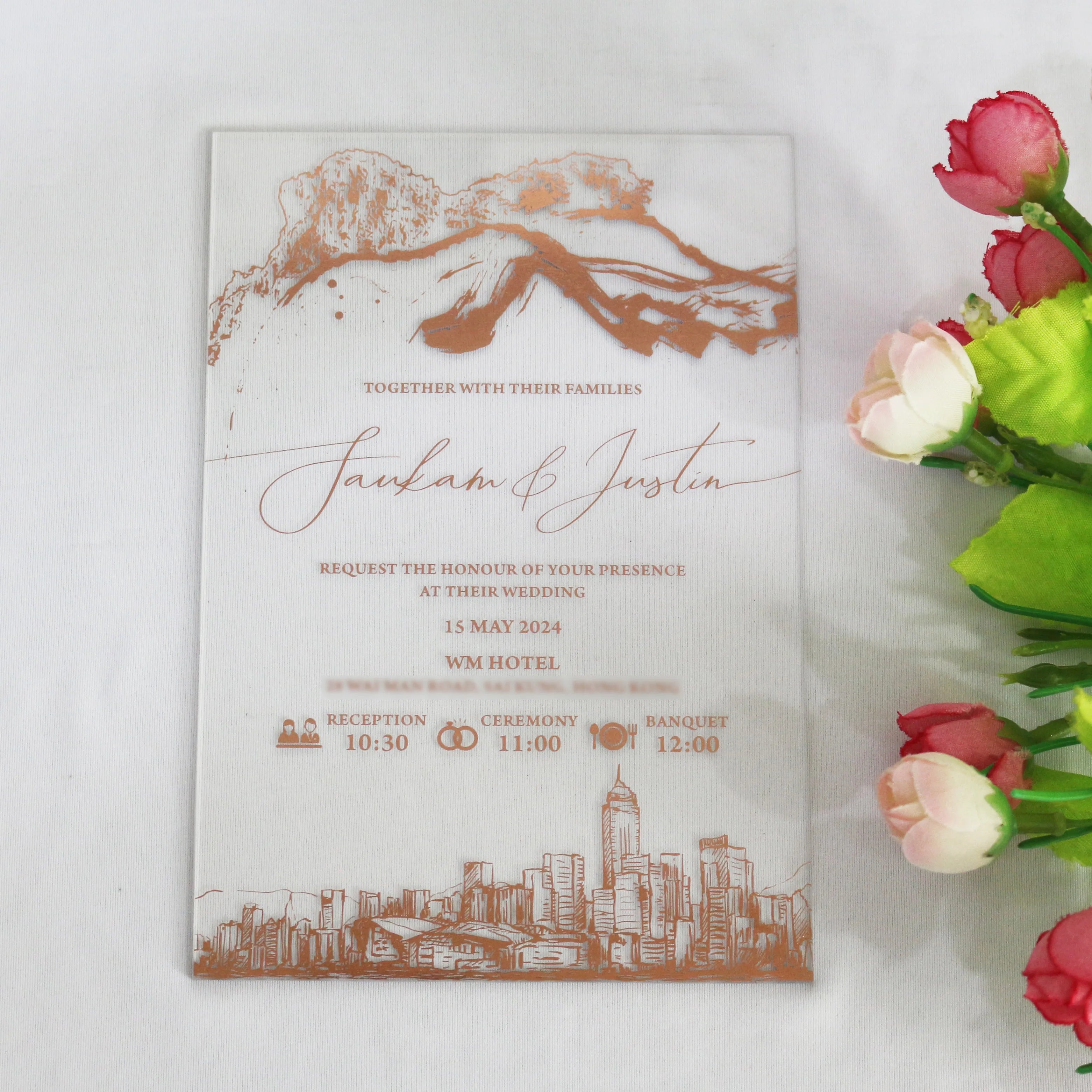 2024 Rose Gold Foiling Clear Transparent Clear Acrylic Wedding Invitation With Matched Envelope