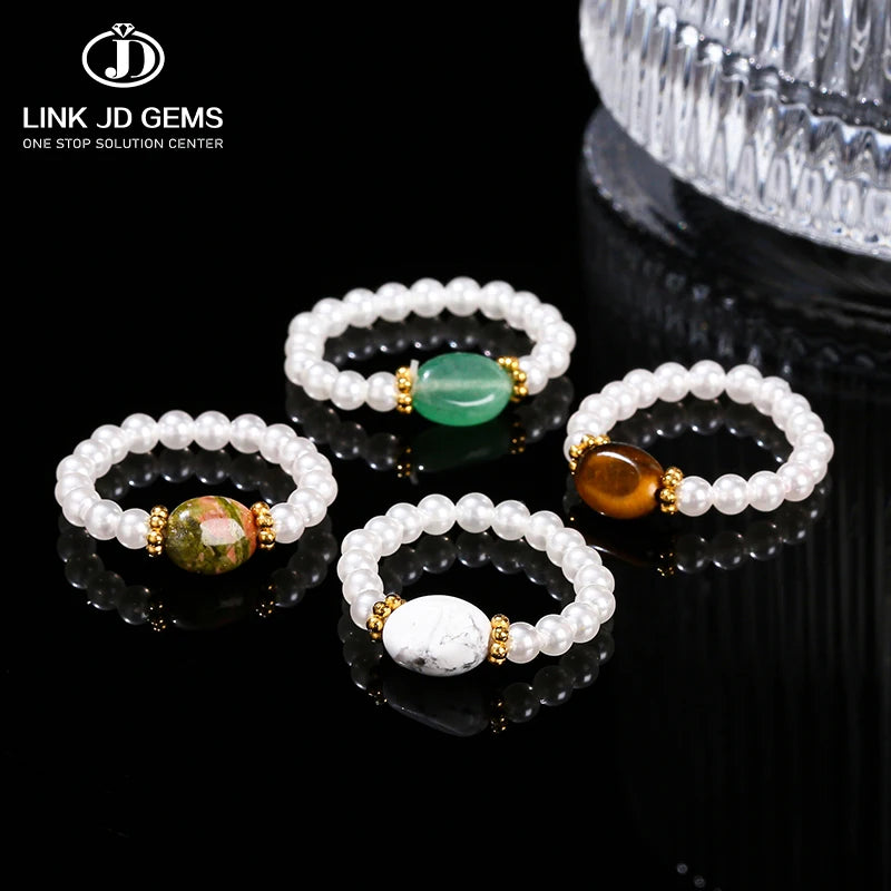 JD GEMS Women Handmade Stretch Elastic Beads Finger High Imitation White Shell Natural Stone Eye Stone Ring