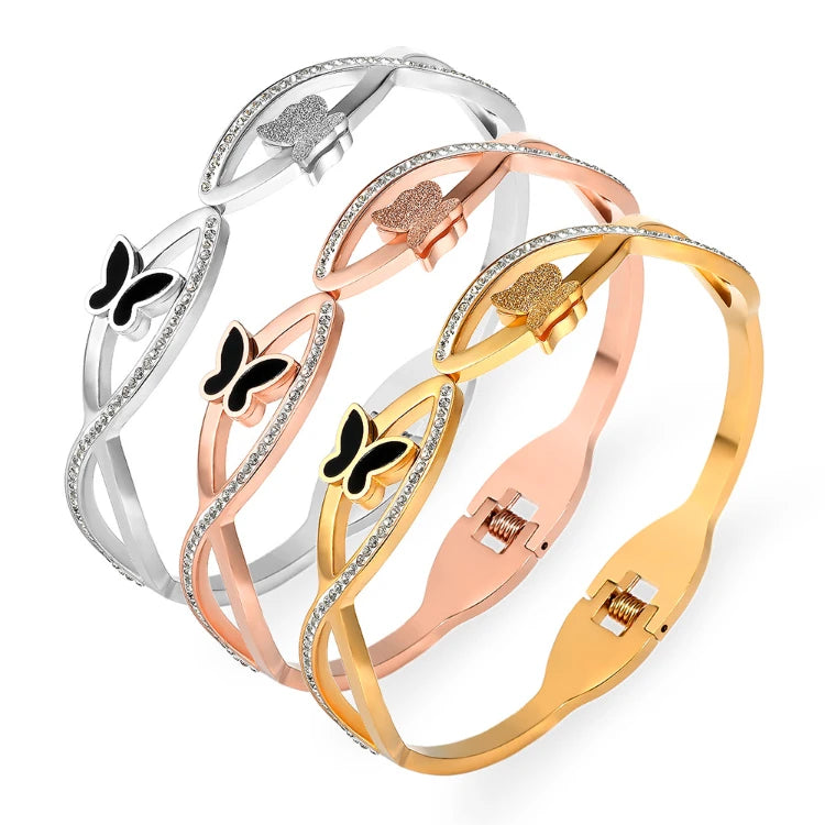 G1624 Fashion Stainless Steel Jewelry Bracelets Gold Women Charms Zircon Double Butterfly Bangles