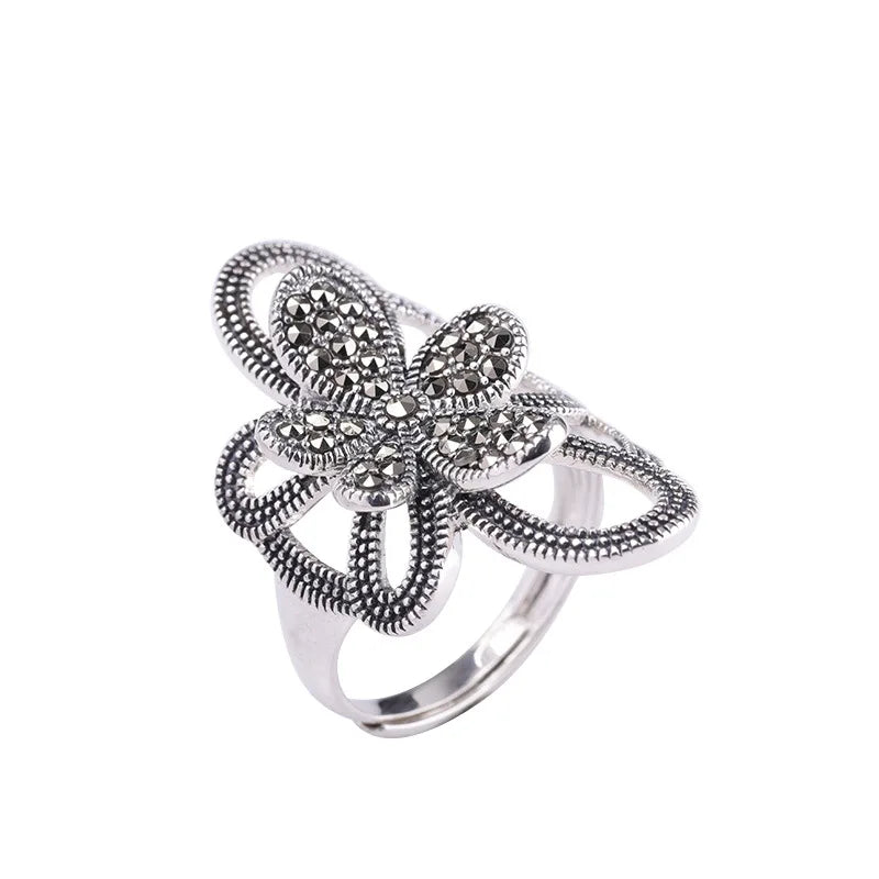 Manufacturer Wholesale Thai Silver Light Luxury Jewelry 925 Silver Jewelry Open Women's Flower Ring Marcasite Stone Rings