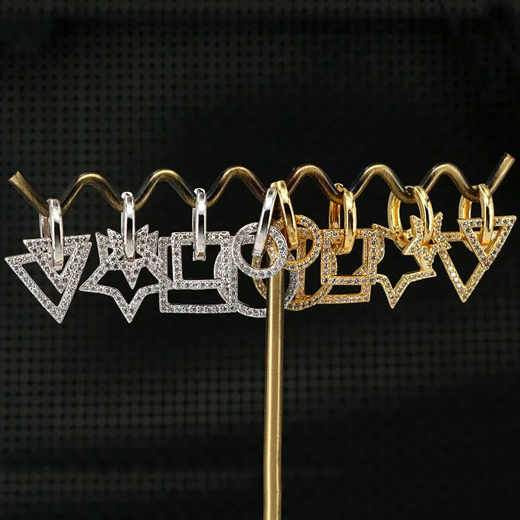 EC1428 Dainty CZ Micro Pave Huggie Earrings Double Geometric Triangle Circle Square Star Dangle Charm for Wedding Party Brass