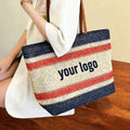 2022 New Trendy Eco Fashion Women's Large Beach Bag Portable Summer Shoulder Tote with Leather Handle Straw Woven Canvas Lining