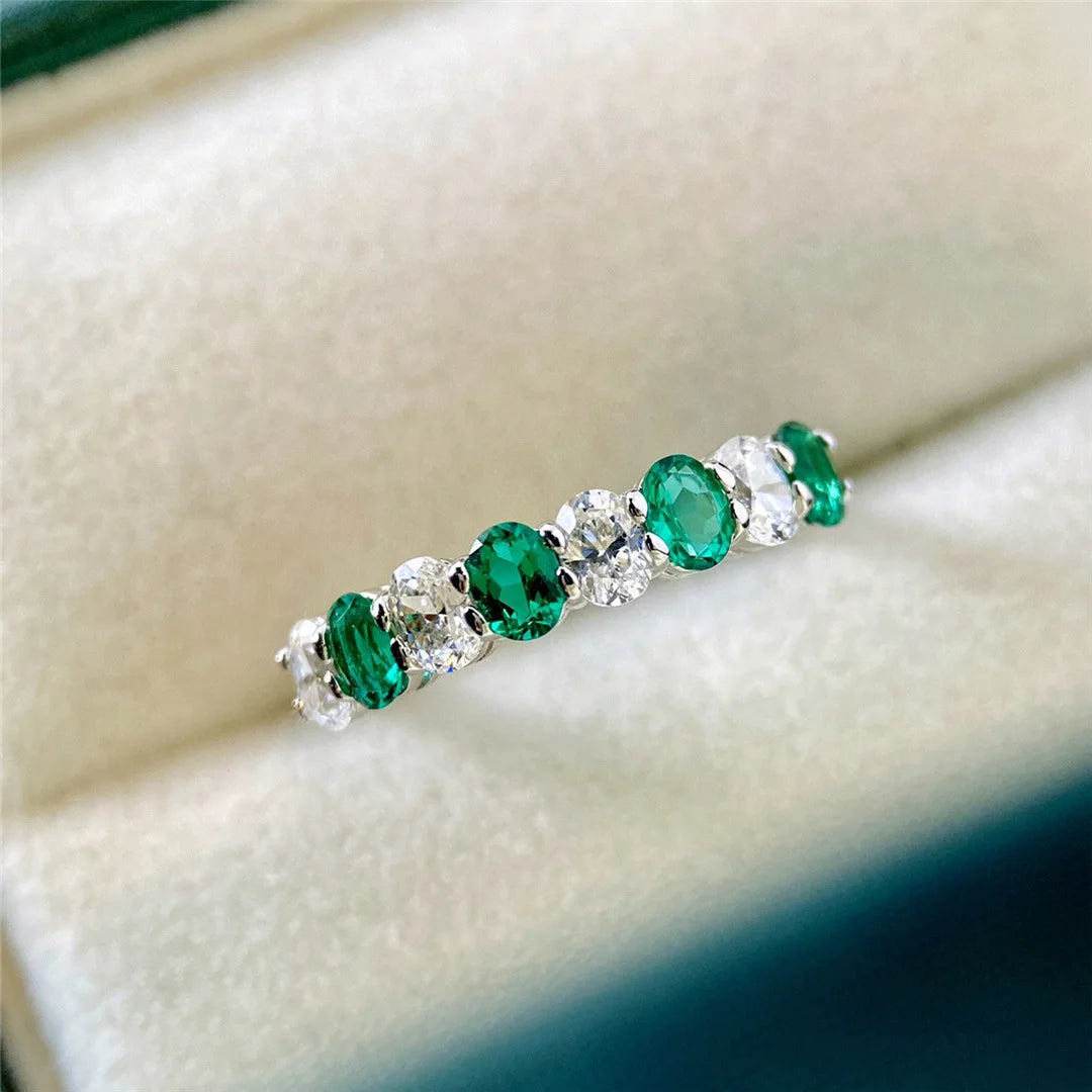 Aimgal Fine Jewelry Colombian Emerald Lab Diamond Single Row Ring S925 Silver 18K Gold Plated for Weddings
