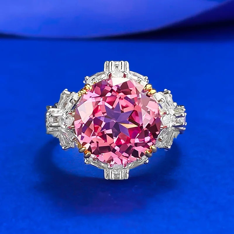 Fashion Jewelry Manufacturer 925 Silver Rings 11mm Round Flower Cutting Pink Cubic Zirconia Diamond Silver Finger Rings