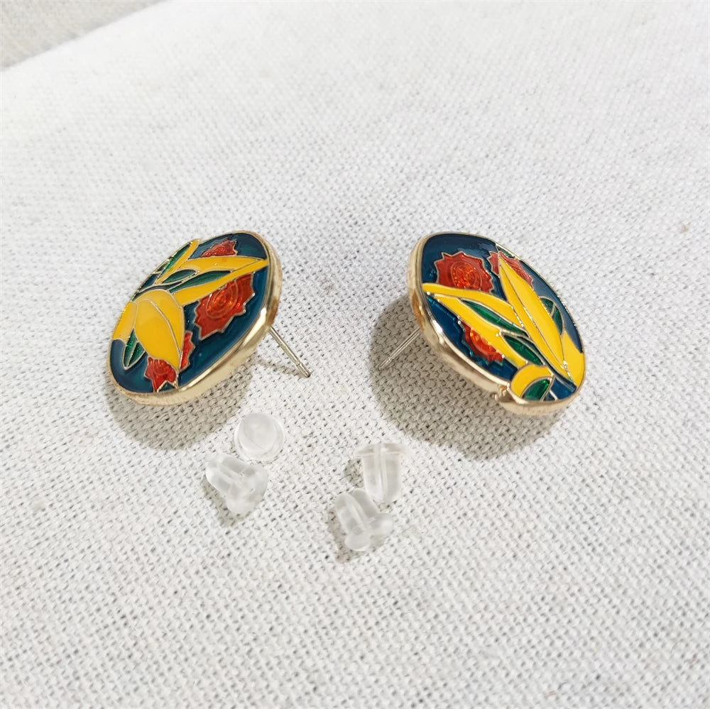 Popular Enamel Jewelry French Style Drop Oil Stud Earrings Gold Plated Little Prince Rose Flower Colorful Earrings for Girls