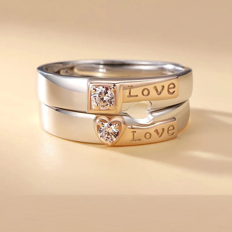 CZ Diamond Couple Wedding Ring Sets Wholesale Handmade Silver White Gold Plated Adjustable Open Lover Ring for Couple