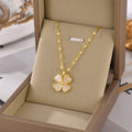 Women 18k Gold Plated Stainless Steel 4 Leaf Clover Pendant Necklace Enamel Zircon Lucky White Opal Four Leaf Clover Necklace