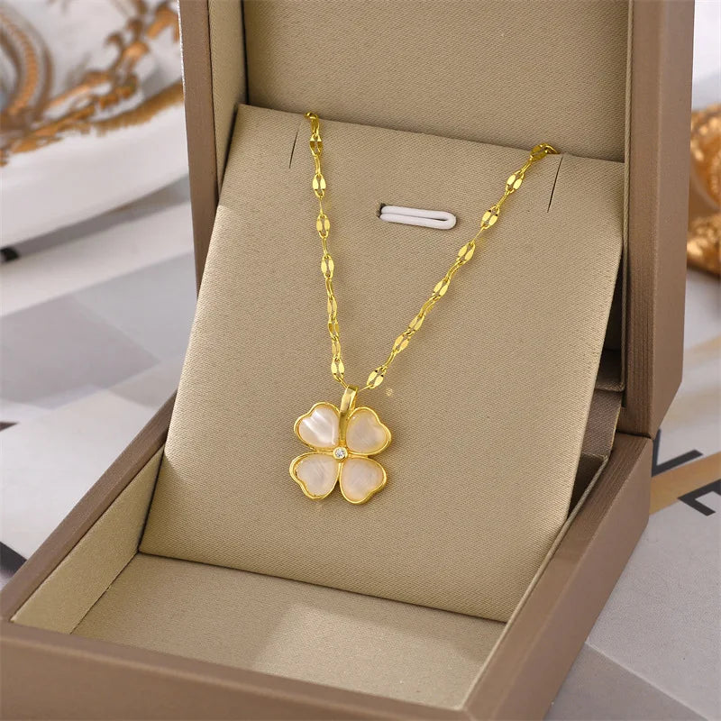 Women 18k Gold Plated Stainless Steel 4 Leaf Clover Pendant Necklace Enamel Zircon Lucky White Opal Four Leaf Clover Necklace
