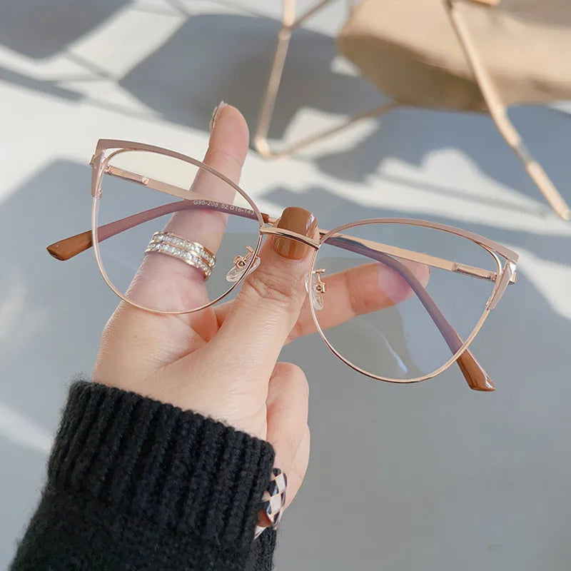 Fashion Eyebrow Optical Computer Eye Protection Spectacle Blue Light Blocking Women Alloy Patchwork Prescription Eyeglasses