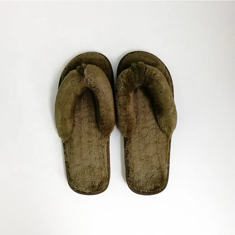 Fluffy Fleece Thong Slippers for Ladies and Girls Warm Soft Furry Adults Women Green Flip Flops
