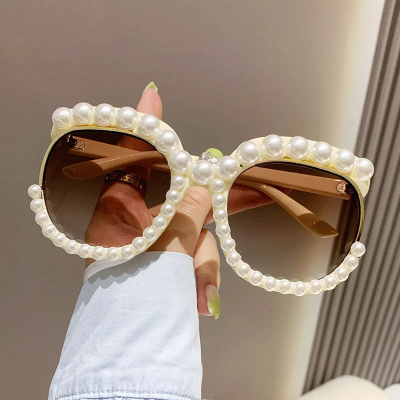 2023 New Big Frame Sunglasses Retro Vintage Rimless Pearl Glasses Female Shades