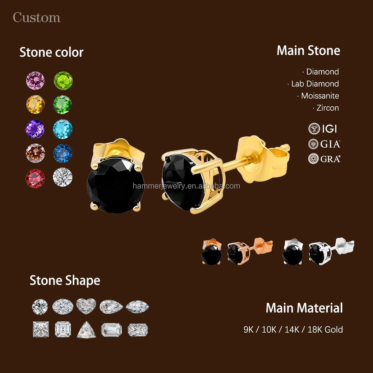 New Fashion 14 Carat Real Gold Earring Black Color Zircon Gemstone Jewelry Butterfly Back Stud Earings for Women and Men