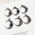 Wholesale Retro Crescent Moon Rose Flower Pendant Necklace Natural Lapis Lazuli Picture Jasper Tiger Eye Main Material Alloy