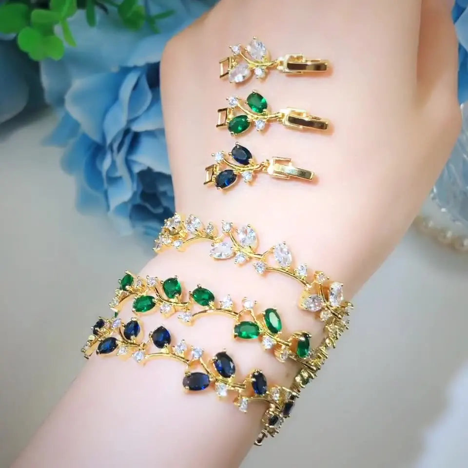 Women's 18K Gold Rhodium Wrist Bracelet Sparking White Cubic Zirconia Crystal Leaf Design for Weddings Parties Gifts Made Brass