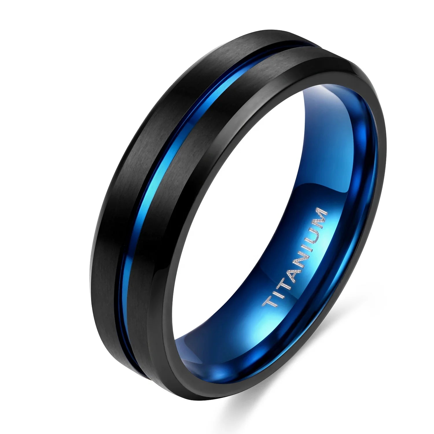 OAHLAN Fashion Jewelry 6/8/10mm Wedding Band Blue Centre Grooved Matte Titanium Rings for Men Women Couple Engagement Gift Party
