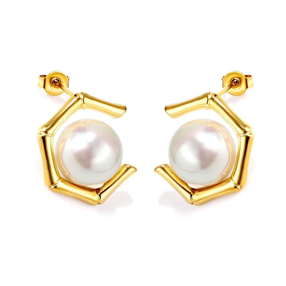 Modalen Gold Bamboo Hexagon Korean Statement Fine Other Fashion Pearl Stud Earrings Stainless Steel Jewelry