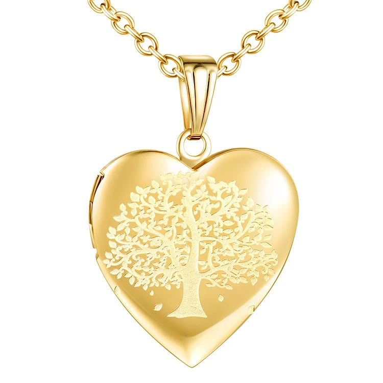 Stainless Steel Heart Shape Romantic Link Chain Necklace Pendant with Zircon and Rose Gold Plating Tree of Life Photo Locket