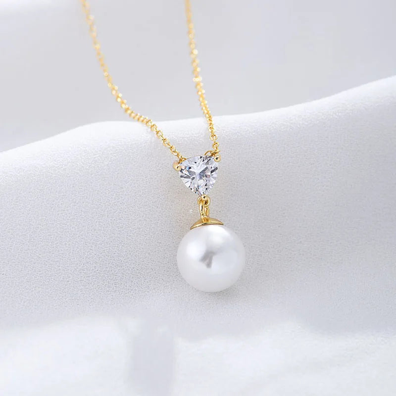Factory Wholesale S925 Sterling Silver Fine Jewelry Gold Plated Heart Zircon Collarbone Chain Pearl Pendants Necklace for Women