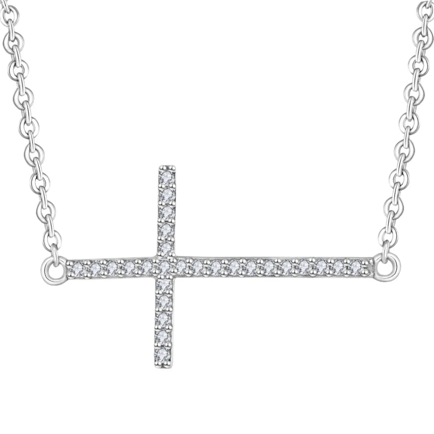Religious Faith Cross Jesus Necklace  Cubic Zirconia Stone Jewelry Sideway 925 Sterling Silver Cross Necklace for Men and Women