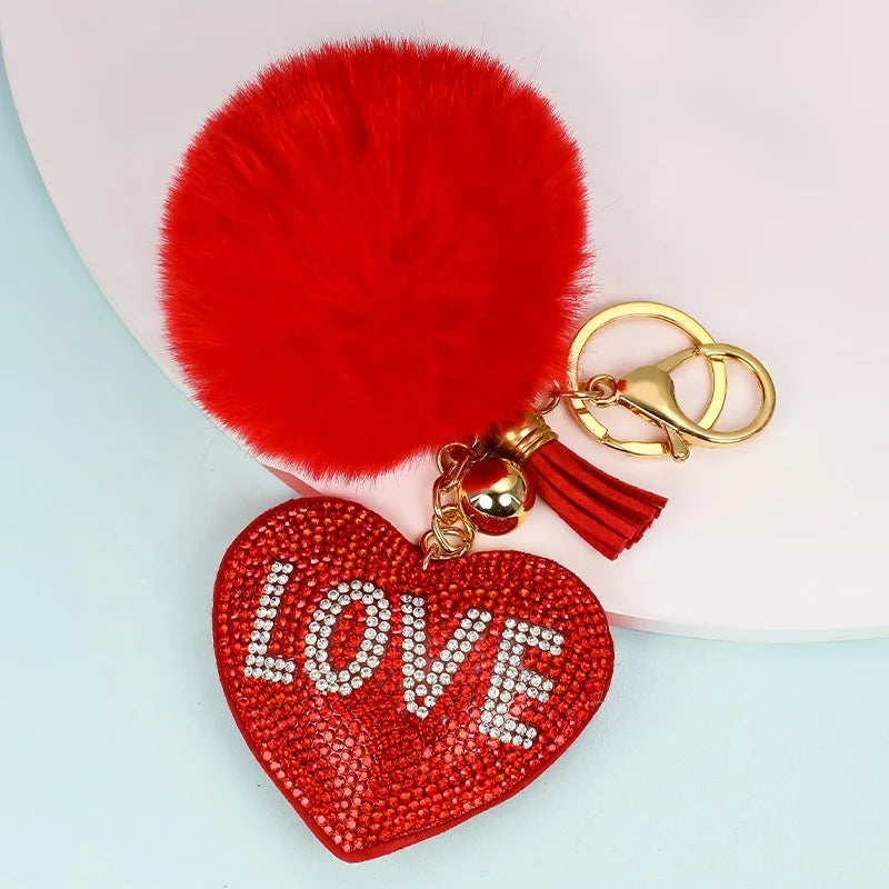 Wholesale Bag Charm Plush Pom Pom Ball Pendant Women Bling Rhinestone Crystal Heart Keychains