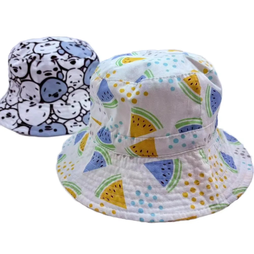 Full Print Unisex Children Beach Bucket Hat Comfortable Cotton Kids Shade Rope Casual Riding Day Use Cartoon Leaves