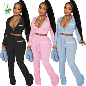 Custom Logo Women's Clothing Casual Outfits Fashion Solid Zipper Hooded Tops and Flared Pants Two Piece Set