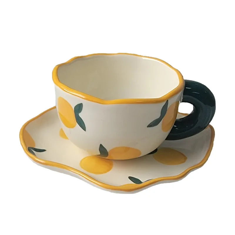 Solhui Korean INS Hammered Irregular Ceramic Coffee Cup and Saucer Set
